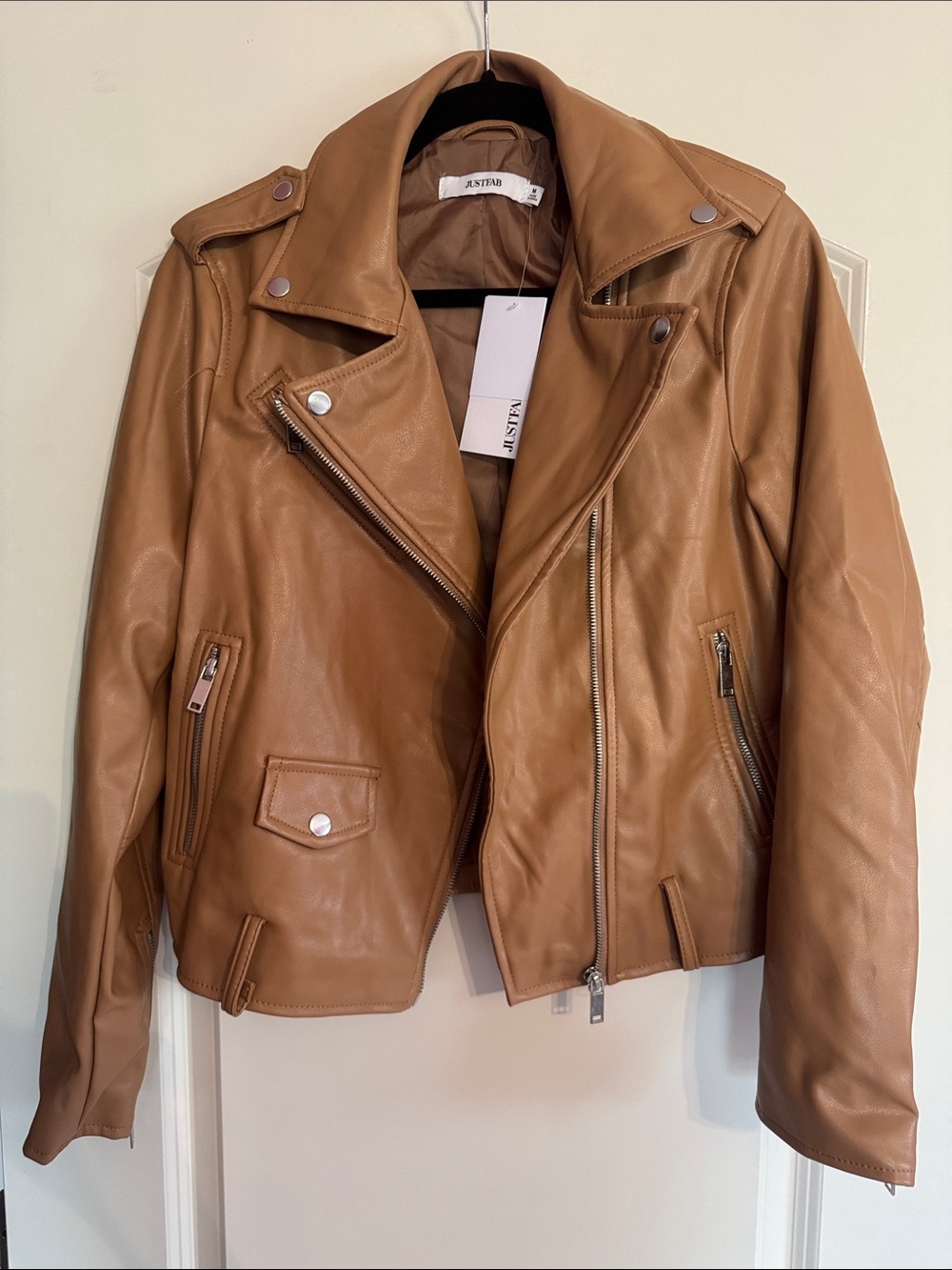 NWT Just Fab Camel Faux Leather Jacket w/ Removable Belt Size Medium